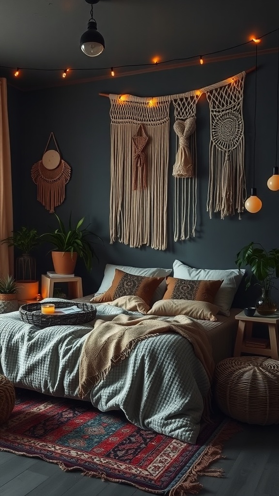 A dark boho bedroom featuring earthy tones, macrame wall hangings, and soft lighting.