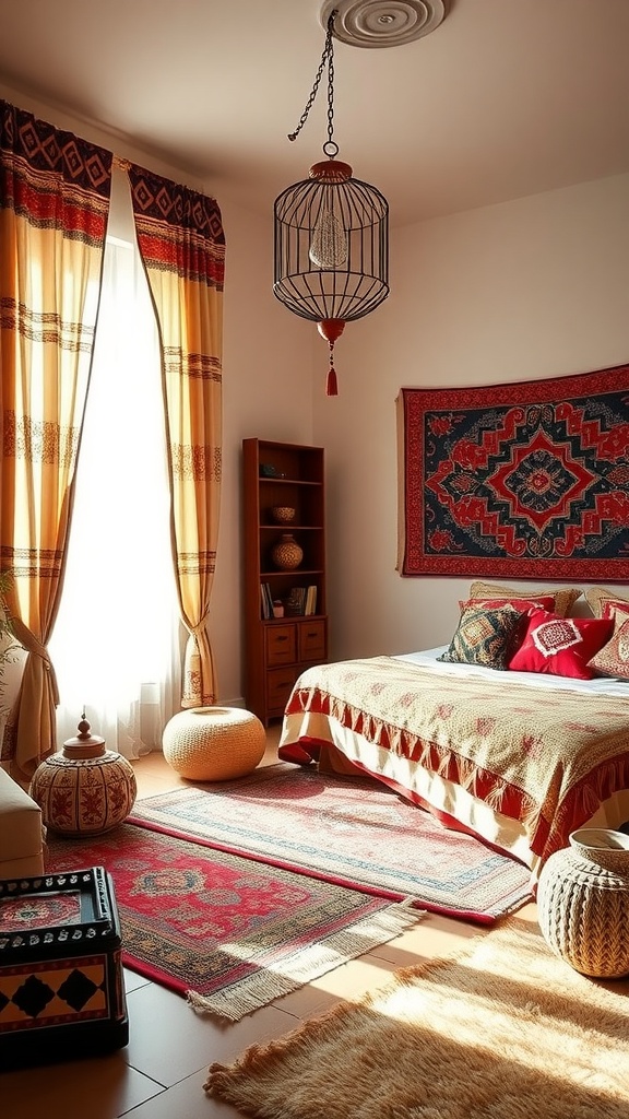 A cozy bohemian-style bedroom with Eastern-inspired decor featuring vibrant rugs, colorful pillows, and warm lighting.