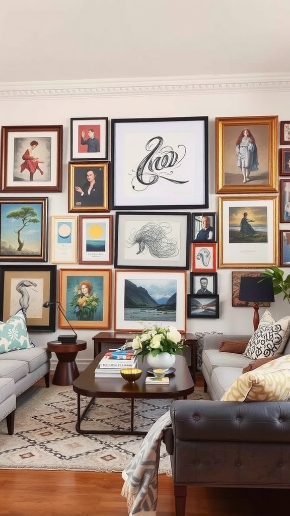 A living room with an eclectic art display featuring various frames and artworks on the wall.