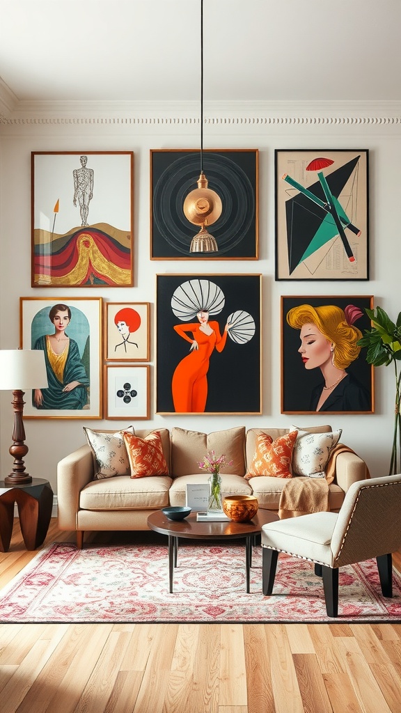 Eclectic living room featuring a gallery wall with Art Deco and contemporary art, a cozy sofa with colorful cushions, and a round coffee table.
