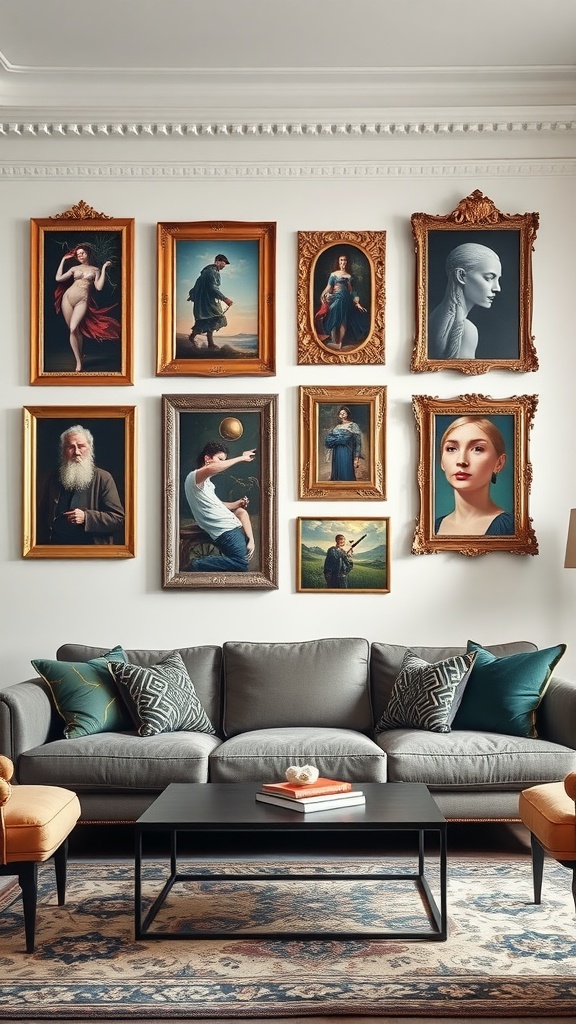 Eclectic art gallery wall with various framed portraits and a cozy living room setup