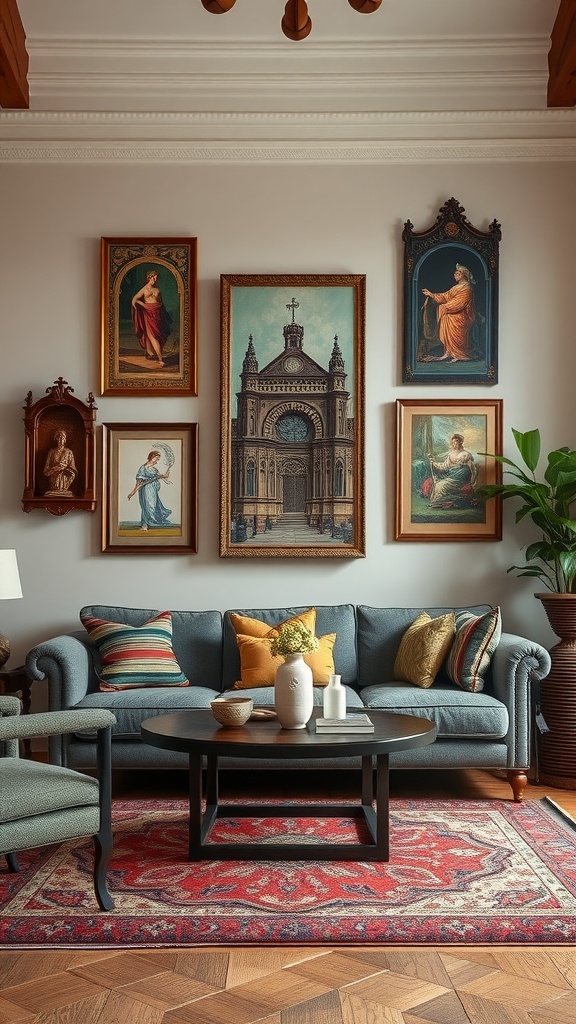 A cozy living room featuring a mix of Mediterranean and Gothic art on the walls, with a stylish sofa and coffee table.