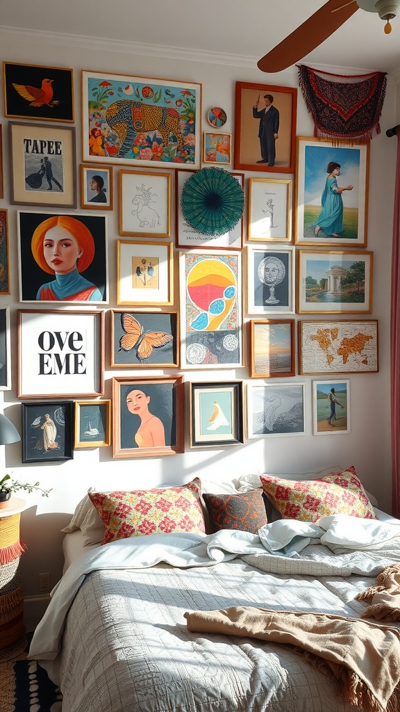 An eclectic art wall featuring diverse framed artworks in a cozy bedroom setting.