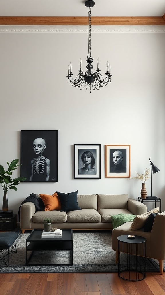 A stylish living room featuring eclectic art, a neutral sofa, and a black chandelier.