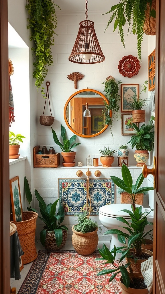 A cozy guest bathroom with bohemian decor, featuring hanging plants, a round mirror, patterned tiles, and woven baskets.