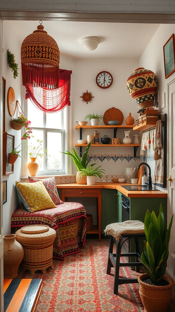 Cozy kitchen nook with eclectic bohemian decor, featuring colorful textiles, hanging lanterns, and plants.