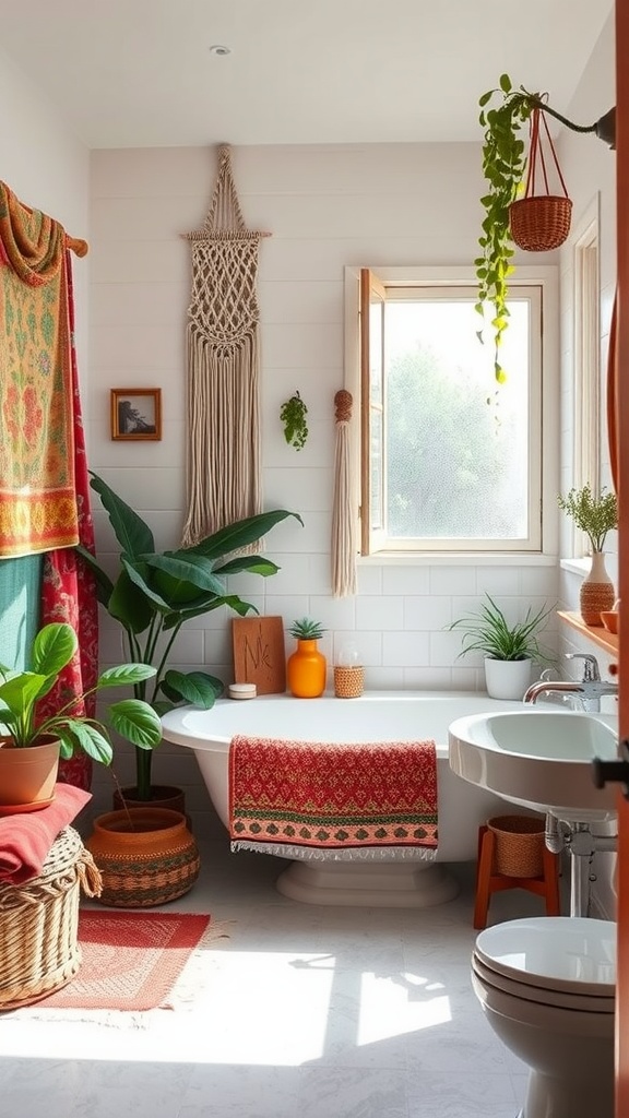 A bright and inviting boho-style bathroom featuring plants, a macramé wall hanging, colorful textiles, and natural light.