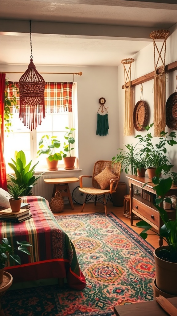 Eclectic boho bedroom with colorful textiles, plants, and cozy decor