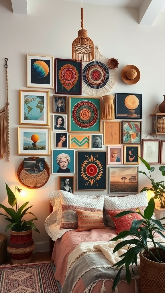 An eclectic boho gallery wall featuring various framed artworks and woven decor in a stylish bedroom.