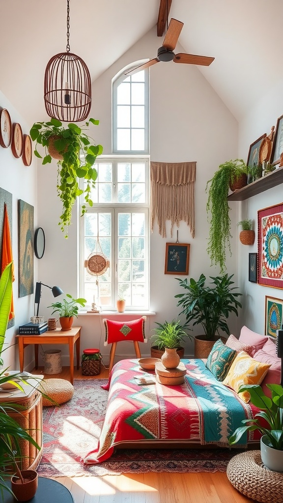 A colorful boho style bedroom with high ceilings featuring plants, vibrant decor, and natural light.