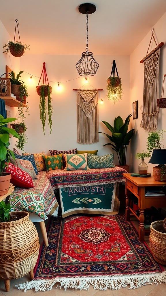 A small boho-style bedroom with a cozy couch, colorful cushions, hanging plants, and warm lighting.