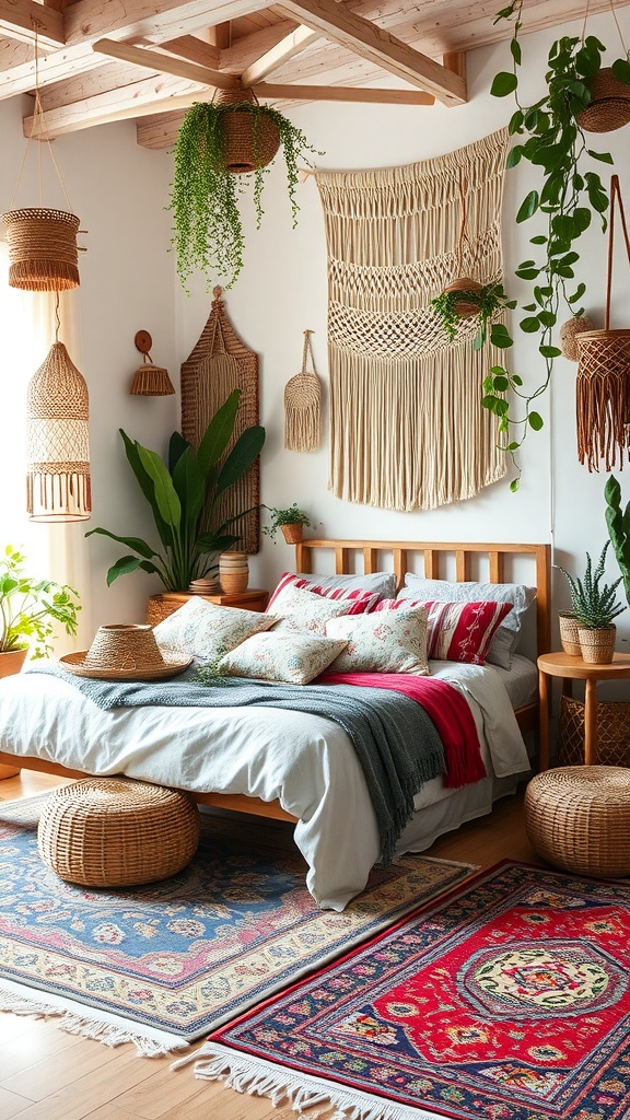 A cozy and vibrant boho bedroom featuring a wooden bed, colorful pillows, layered rugs, and hanging plants.