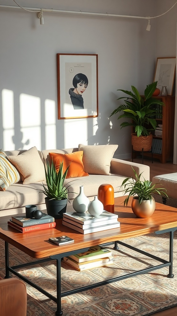 A cozy living room with a wooden coffee table decorated with plants, books, and vases.