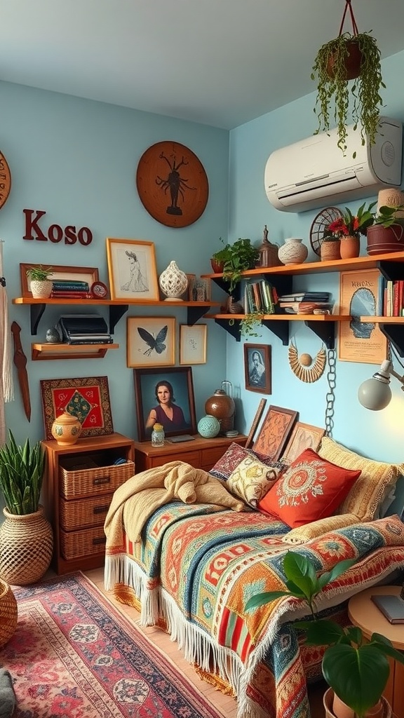A cozy and eclectic boho bedroom with light blue walls, a colorful throw blanket on the bed, plants, and various decorative items on shelves.