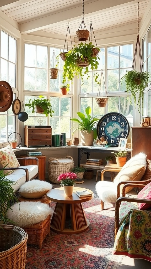 A cozy Boho style sunroom featuring plants, colorful decor, and comfortable furniture.