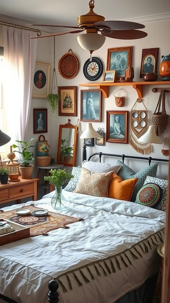 A cozy boho bedroom featuring a bed with colorful pillows, vintage framed art on the walls, and greenery for a natural touch.