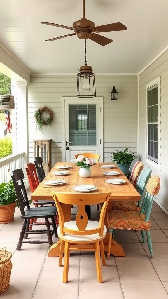 An eclectic dining setup on a back porch with a large wooden table surrounded by colorful chairs.