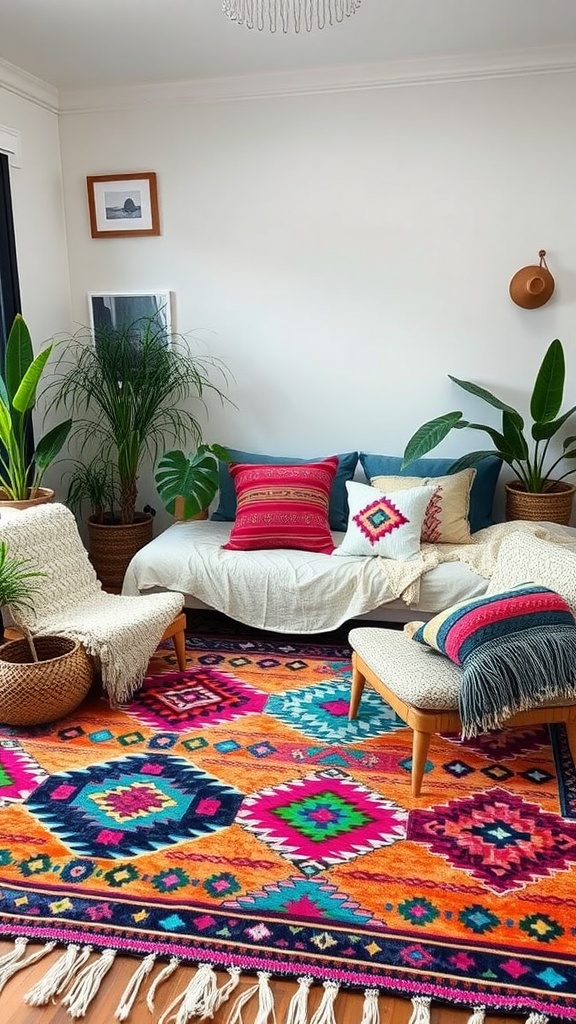 A vibrant Boho style bedroom rug featuring bold colors and geometric patterns, with plants and colorful cushions in the room.