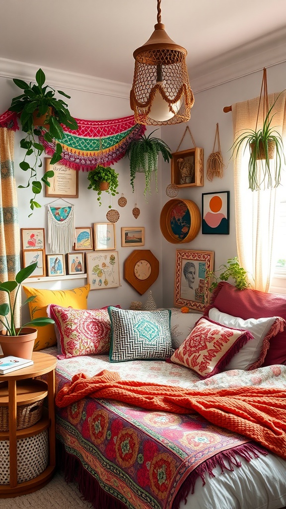 A cozy boho-style bedroom featuring colorful pillows, plants, and vibrant wall art.