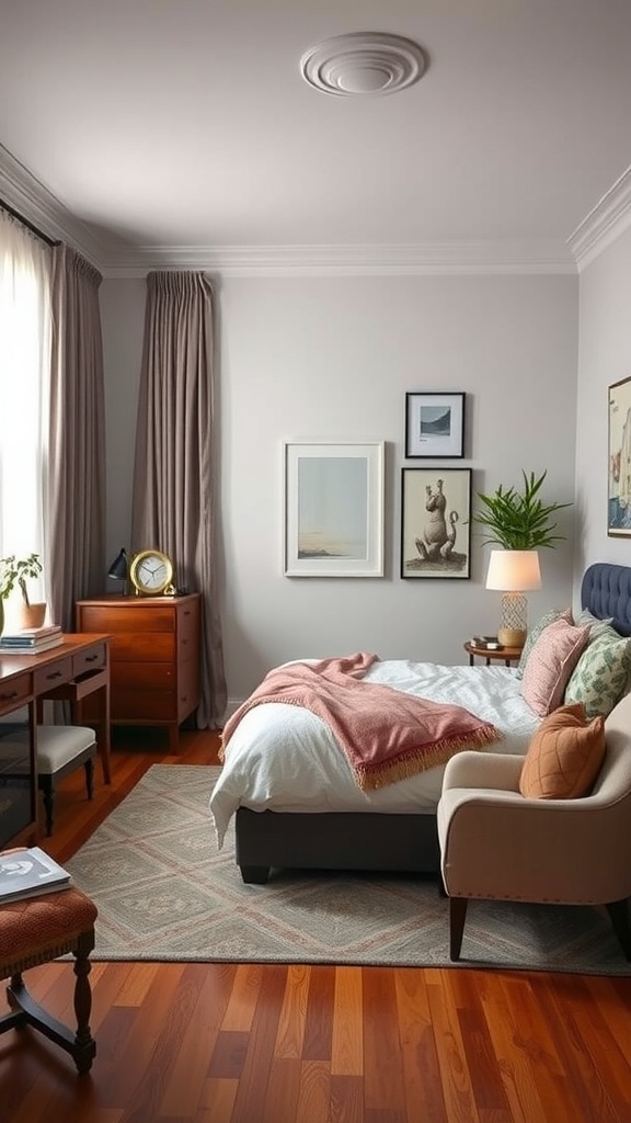 A cozy bedroom featuring a mix of modern and vintage furniture, with soft bedding, wooden floors, and decorative plants.