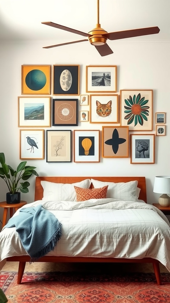 Eclectic gallery wall with various art pieces above a stylish bed in a Boho Mid-Century Modern bedroom