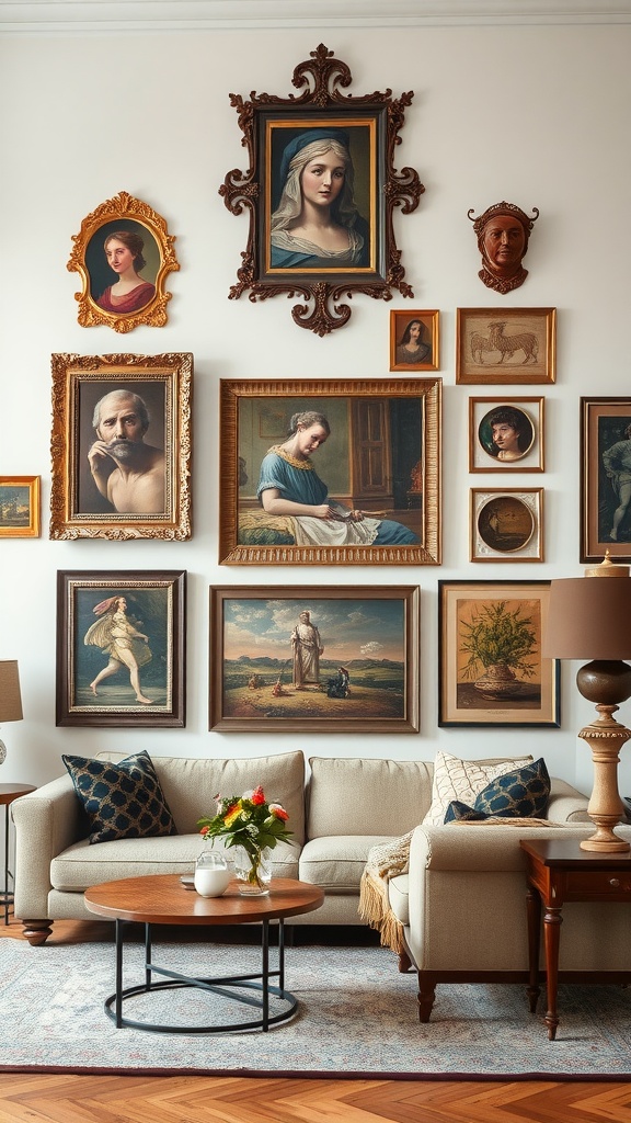 A cozy living room featuring an eclectic gallery wall with diverse artworks, including portraits in ornate frames.