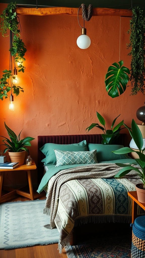 A cozy bedroom featuring a terracotta wall, green bedding, and decorative plants.