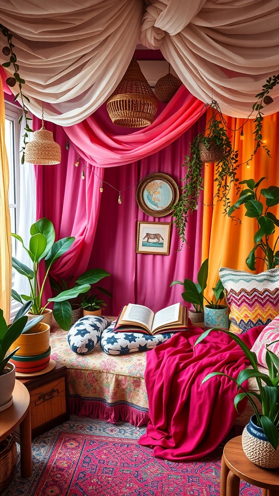 A colorful boho style bedroom with vibrant drapes, plants, and cozy textiles.