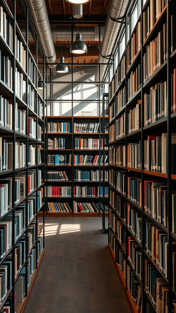 A hallway lined with bookshelves filled with colorful books and warm lighting.