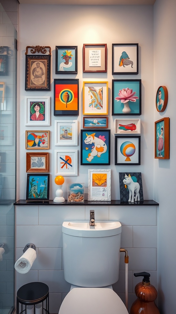 A wall in a bathroom displaying various framed artworks above a toilet.