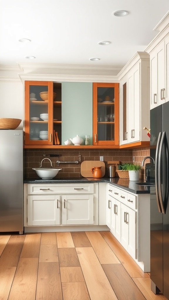 A stylish farmhouse kitchen featuring a mix of light and dark cabinets, glass-front cabinetry, and warm wood flooring.