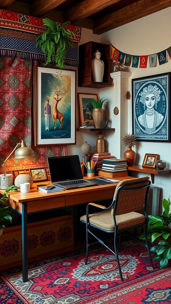 A stylish home office featuring a mix of global decor, vibrant colors, artwork, and plants.