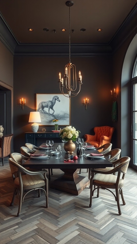 A stylish dining room with dark walls, elegant lighting, and a mix of modern and traditional furniture.