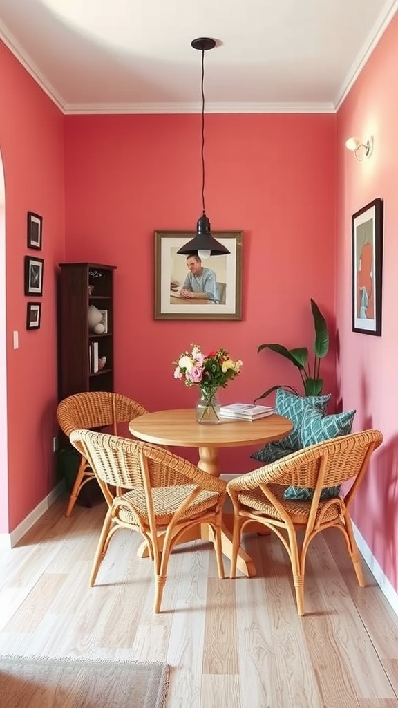 A compact dining nook featuring a round wooden table, rattan chairs, pink walls, and a potted plant.