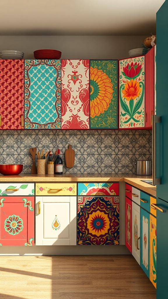 Colorful kitchen cabinets with eclectic patterns and textures