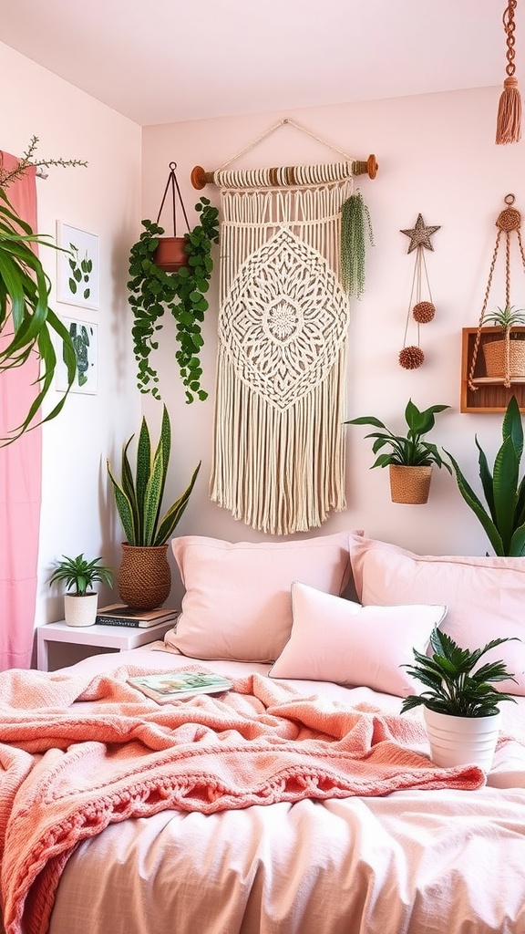 A cozy pink boho style bedroom featuring a macramé wall hanging, plants, and soft bedding.