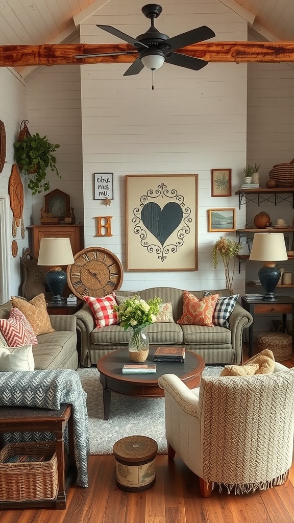 A cozy living room featuring rustic accents with a mix of modern decor.