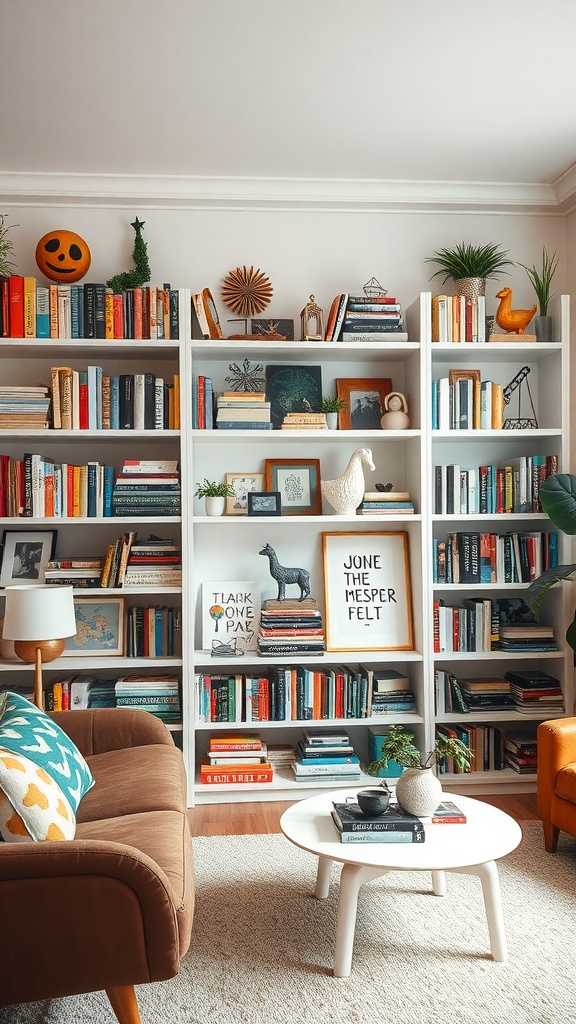 A colorful bookshelf filled with books and quirky decorative items in a cozy living room setting.