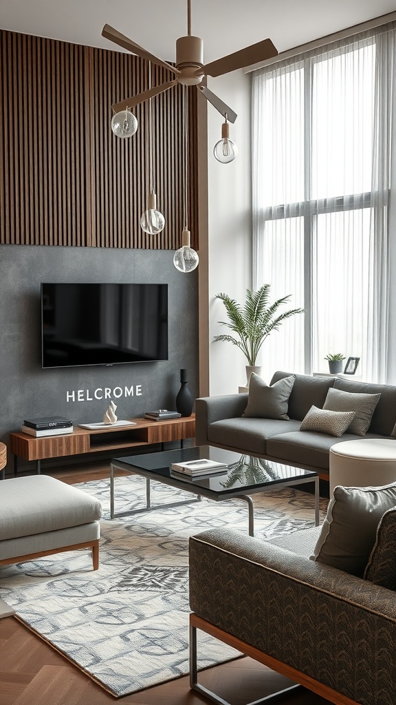 A stylish living room featuring modern technology with warm wood accents and unique lighting.