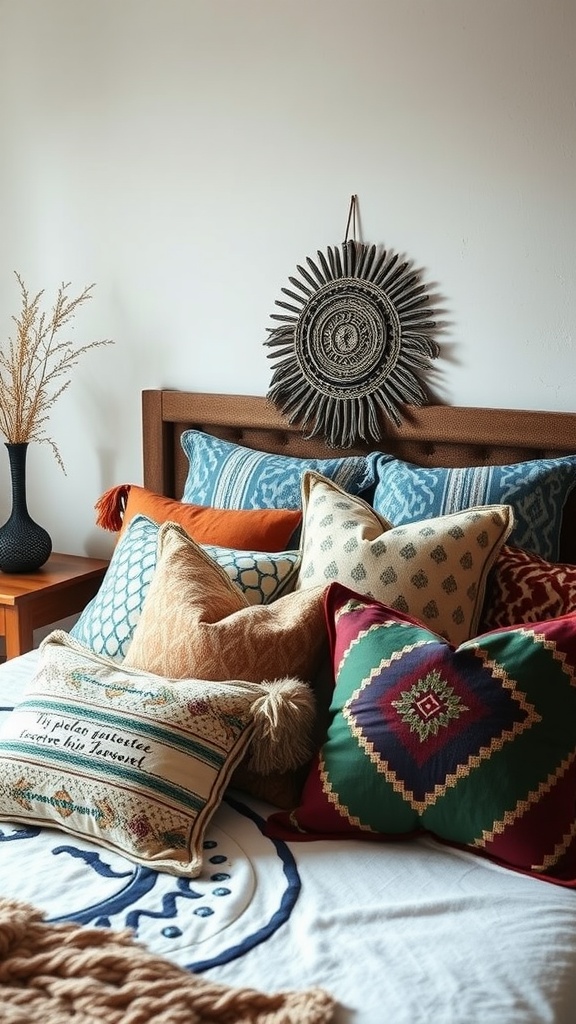 A cozy bed adorned with an eclectic mix of throw pillows in various colors and patterns, complemented by a decorative wall hanging.