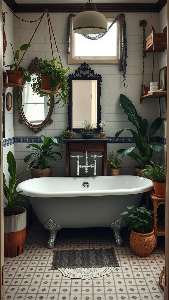 A vintage bathroom featuring a clawfoot tub, plants, and eclectic decor.