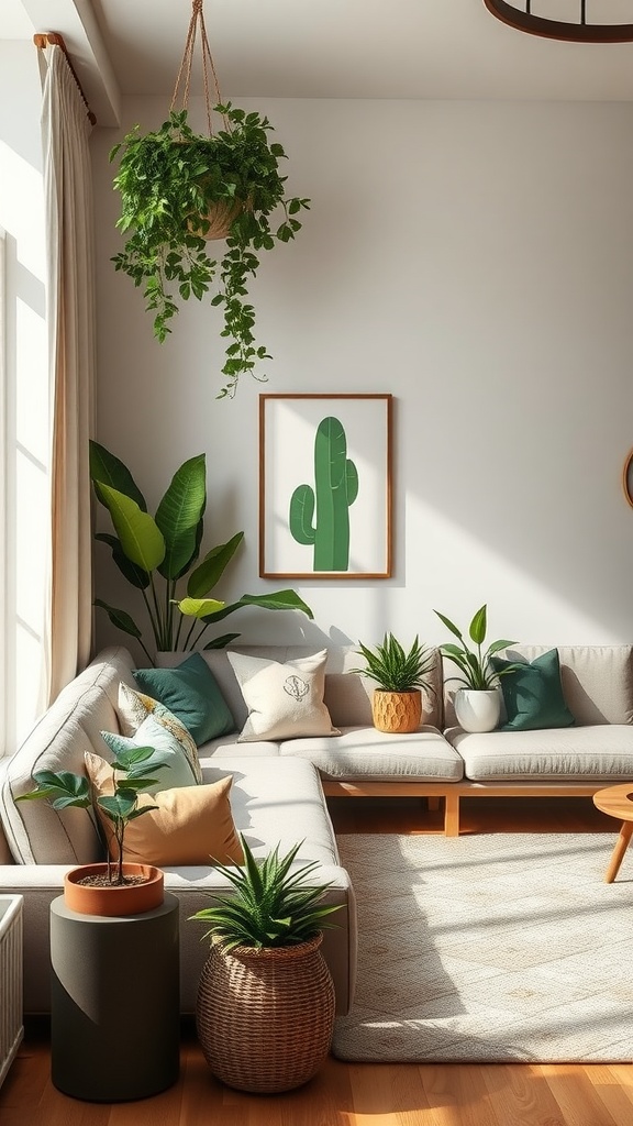 A bright and airy living room featuring a cozy sofa, colorful cushions, and various indoor plants in pots and hanging baskets.