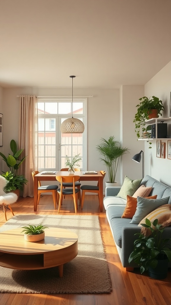A cozy living room dining room combo featuring a wooden dining table, plants, and comfortable seating.
