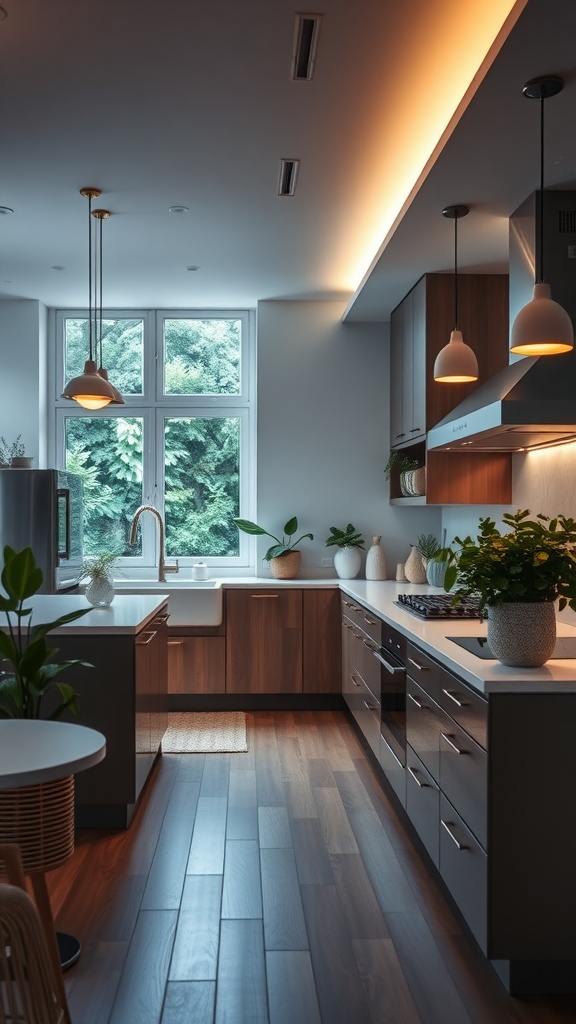 A modern kitchen with eco-friendly lighting options, featuring warm tones and plants.