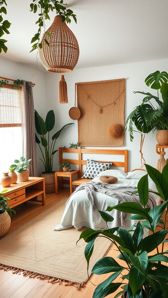 A cozy boho jungle themed bedroom featuring eco-friendly materials, including wooden furniture and woven accents.