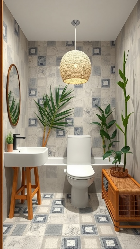 A stylish eco-friendly bathroom featuring wooden accents, patterned tiles, and indoor plants.