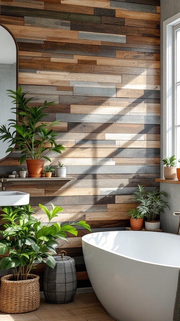 A rustic bathroom with wooden walls, plants, and natural decor elements.