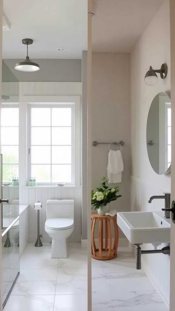 An eco-friendly bathroom makeover featuring natural materials, a large window for light, and greenery.