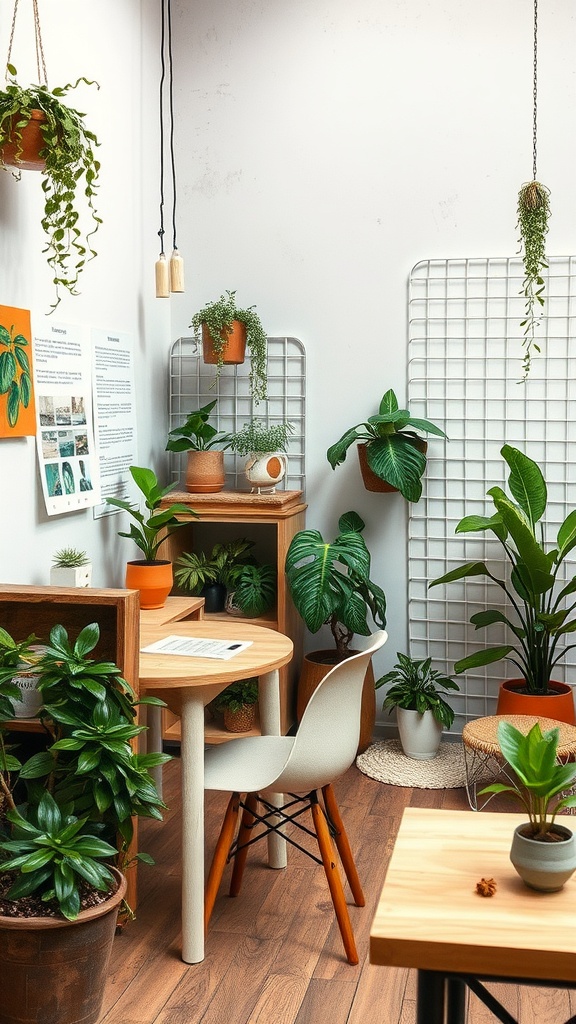 An eco-friendly workspace filled with various plants, wooden furniture, and a modern desk setup.