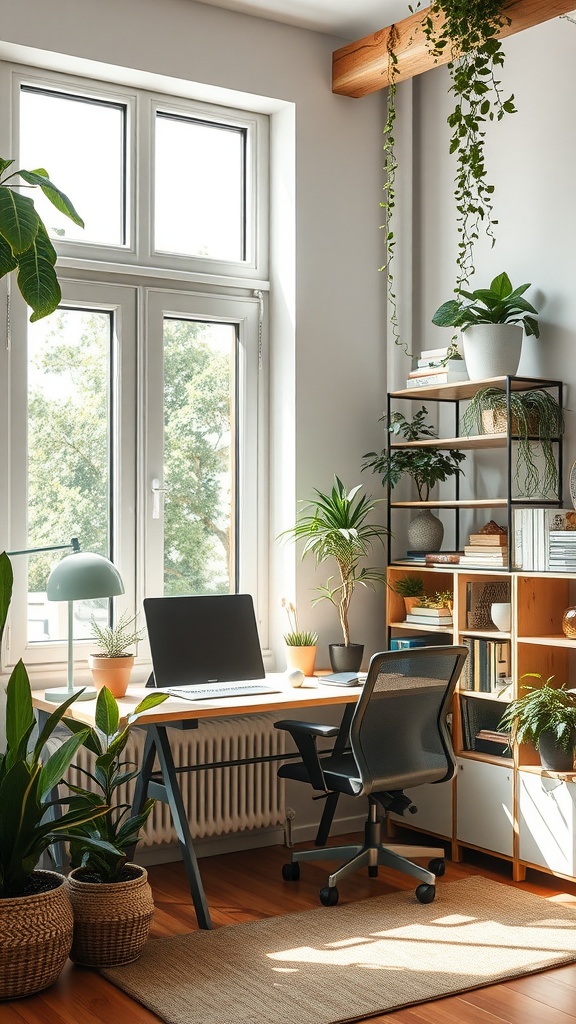 Bright eco-friendly home office with plants, a desk, and large windows